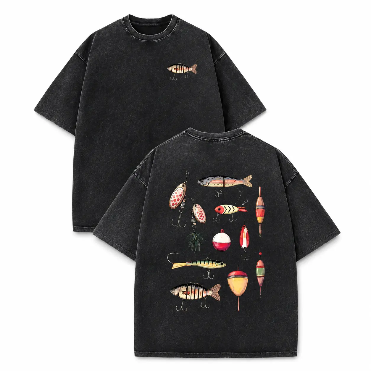 Washed Cotton T-Shirt, Unisex 230GSM Heavyweight Retro Streetwear Top with Fish Bait Graphic, Loose Fit Short Sleeve Round Neck summerwins, Personalized, Basic, Garment, Customized, Clothe, Shortsleeve, Breathable