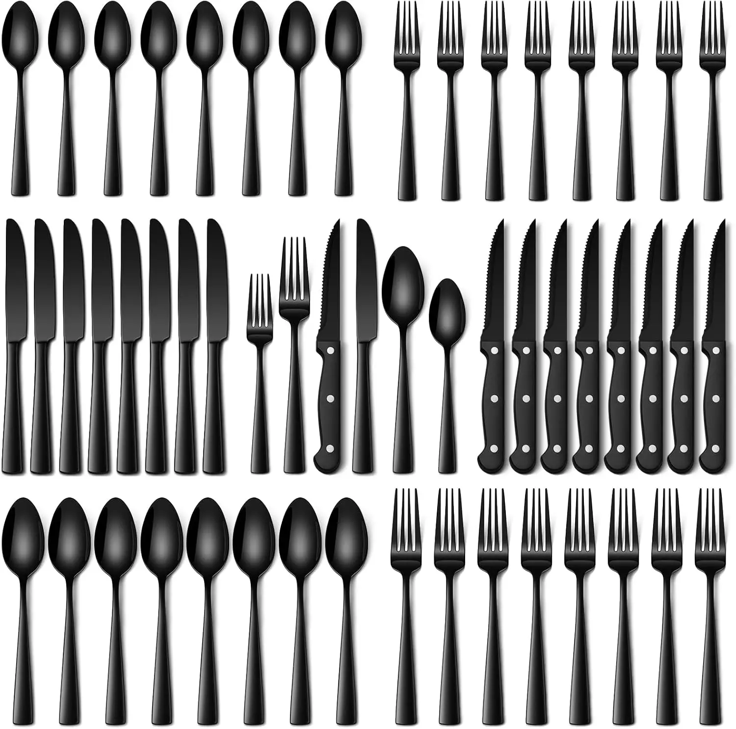 48-Piece Black Stainless Steel Flatware Set (Service for 8) | Black Knife, Fork, and Spoon Set (Includes Steak Knives) and Kitchen Knife Stuff | Dishwasher Safe | Perfect for Spring & Summer Holiday Parties