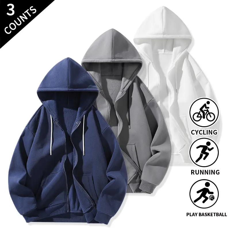 3-Pack Men’s Hooded Sweat Jackets, Standard Fit, Zip-Up Hoodies with Kangaroo Pockets for Cycling, Running, Basketball, and Daily Sports Training