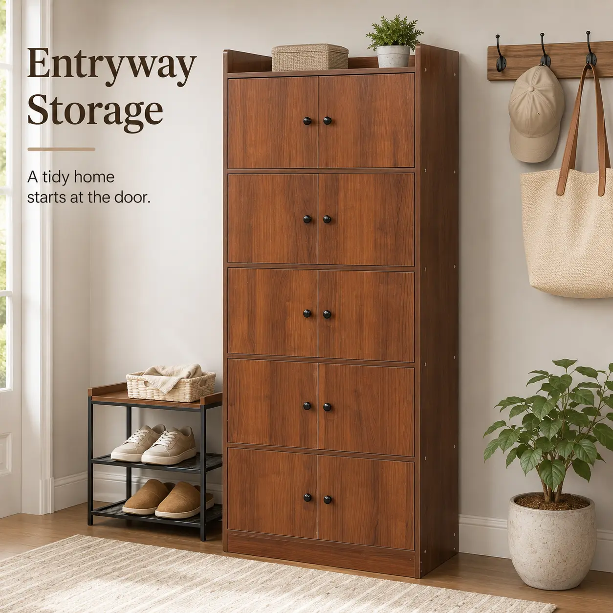 Naviconvex 3/4/5-Tier Freestanding Storage Cabinet with Double Doors, Tall Large-Capacity Organizer in Walnut or Warm White for Entryway, Bedroom, Living Room, Kitchen and Home Office