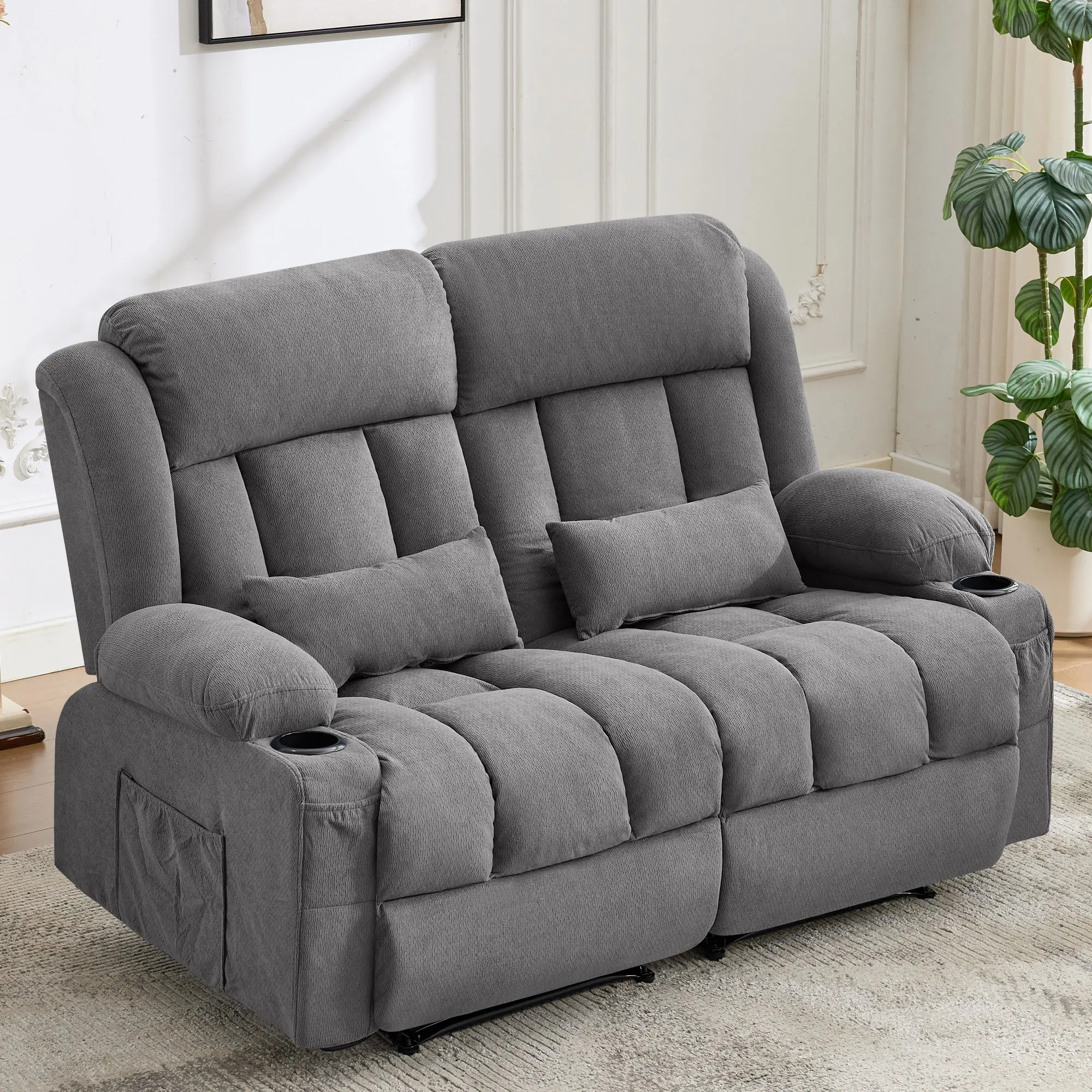 Manual Reclining Loveseat Sofa, 2-Seat Recliner Couch with Cup Holders & Side Storage Pockets, 155° Adjustable Ergonomic Recliner for Living Room Home Theater，Grey