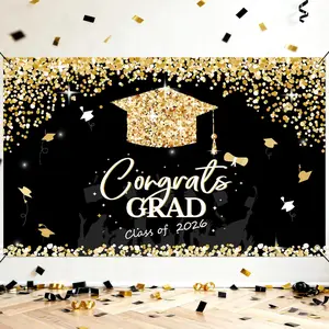 PARTY KNIGHT Graduation Decorations 2026 - Black and Gold Graduation Backdrop and Congrats Grad Banner Class of 2026 Graduation Party Supplies Decor