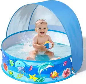 Foldable Pop-Up Baby Beach Tent Kiddie Pool, Portable Above Ground Wading Pool with Sun Shelter Canopy, Summer Water Play Toys for 9-48 Months Toddler Outdoor Activity