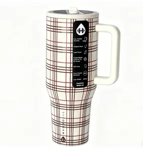 HydroJug traveler 40oz Stainless Steel Straw Cup, Minimalist Khaki Plaid Print. Fits car cup holders, ideal for sports, outdoor activities and office use. Excellent cold insulation to keep drinks icy cool in hot summer. BPA-free, trendy design