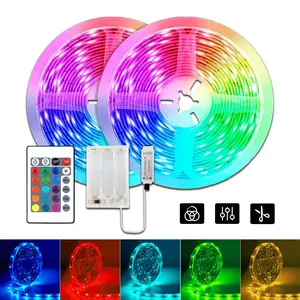 Battery-powered 5V RGB LED strip (AA batteries not included), comes with a 24-key infrared remote control and a portable battery case. Dimmable, color adjustable. Room decorative light strip, home ambient lighting, festive party decorative lighting.