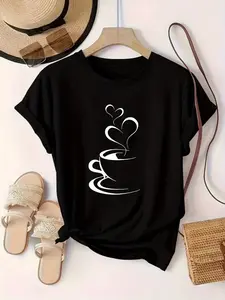"Coffee Heart Steam" pattern T-shirt - Fun coffee cup print, with Bohemian-style embellishments. Personalized short-sleeved T-shirt. Casual style. Suitable for daily outings and gatherings.