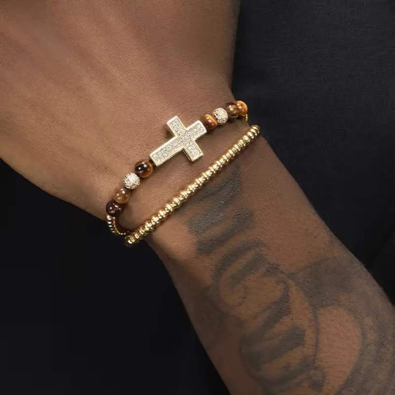 Handmade Crystal Beaded Bracelet Set, Trendy Hip Hop Cross Pendant and Elastic Rope Design, Unisex Fashion Accessory, Perfect Gift, Stackable Design