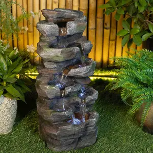23.62" H Compact Rock Cascading Water Fountain with LED Lights, 6-Tier Outdoor Weather-Resistant Resin Waterfall Feature, Realistic Stone Fountain for Tabletop Small Patio Balcony Porch Home Decor