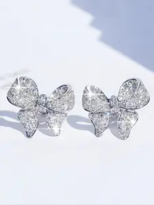 Elegant Silver Color Zircon Earrings for Women, Sparkling Bow Design, Perfect for Daily Wear, Dates, Gifts, Fashion Jewelry, Zircon Stud Earrings, Butterfly Earrings