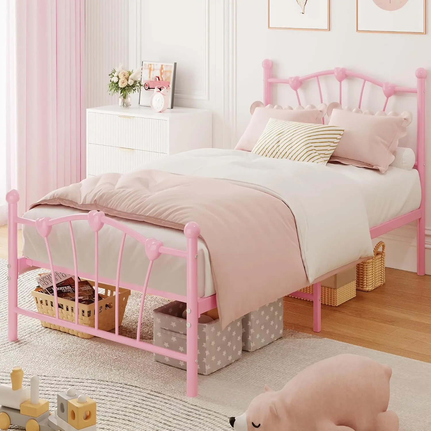 Twin Bed Frame , Twin Bed Frame with Heart Shaped Headboard and Tailboard, Heavy Metal Slat Support, Noiseless, Pink Bedroom Bedframe Bedroom Furniture