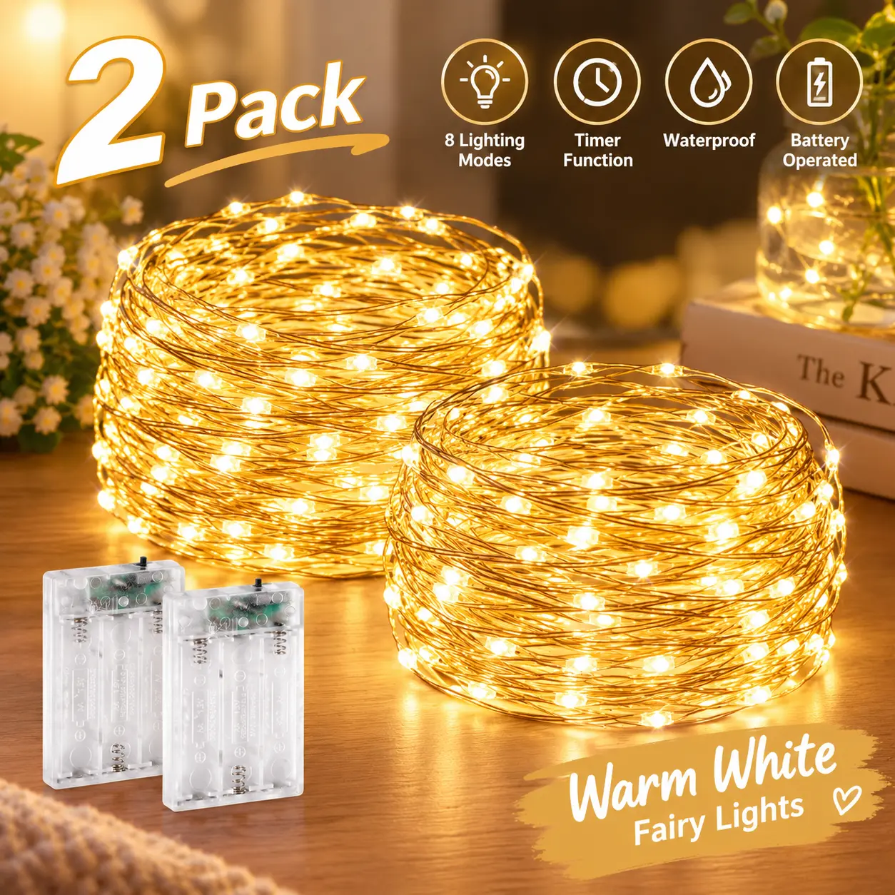 Battery Operated Fairy Lights, 6.6FT Flexible Wire String with Timer, Warm White for Bedroom & Festive Home Decor, Lights For Bedroom