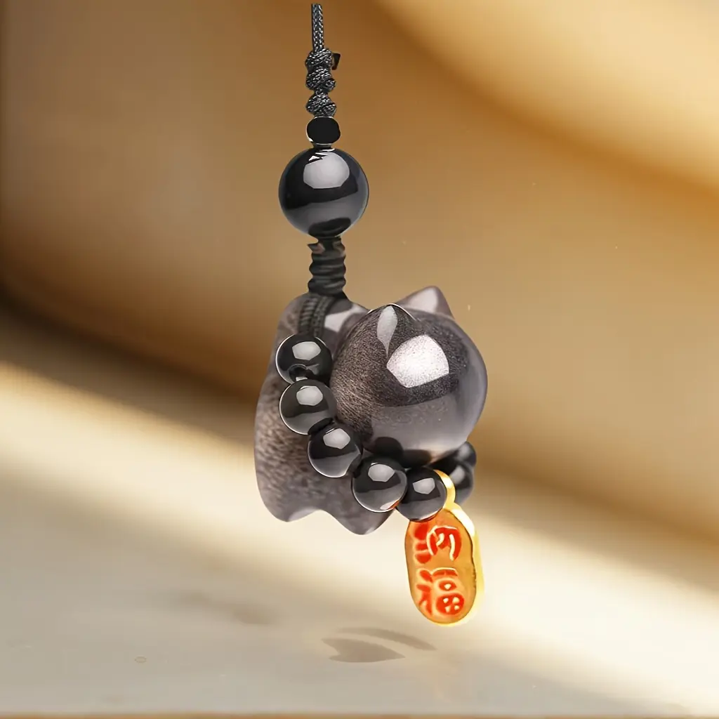 1pc Cute Obsidian Cat Phone Rope Black Cat Lucky Cat Pendant Home Decoration Chain Pendant Bag Car Accessories Phone Chain Accessories Phone Strap Phone Charms Lanyard Durable