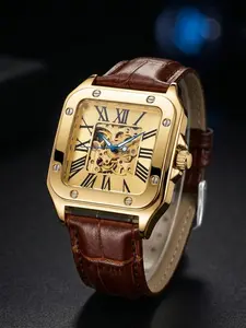 A men's square Roman numeral skeleton mechanical watch with a retro leather strap, a fashionable and trendy wristwatch, Exquisite Watch, High Quality Watches, Analog Watches