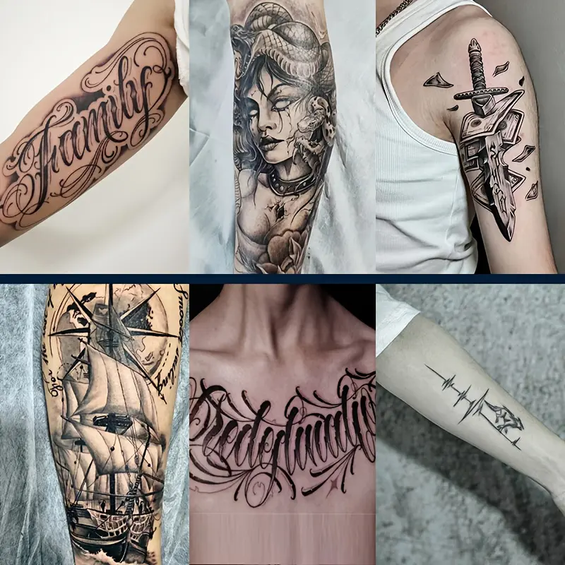 6 Large Fake Temporary Tattoos - Long-Lasting 7-15 Day Waterproof Body Art Stickers, Plant-Based Hypoallergenic Ink, Medusa & Wolf Designs, Hyper Realistic, Nontoxic, Ideal for DIY Tutorials with Knives Compatibility