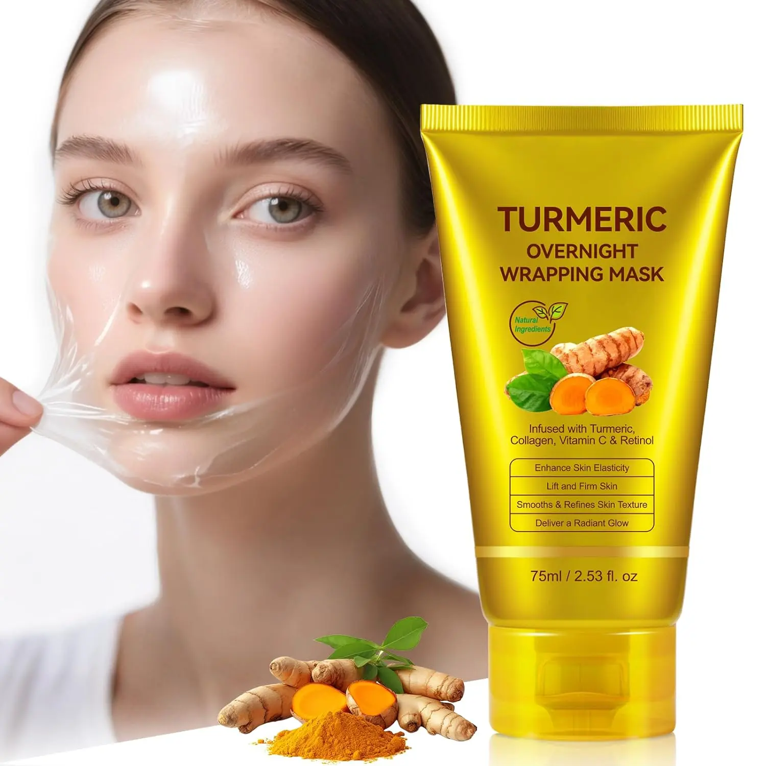 Turmeric Vitamin C Collagen Overnight Wrapping Peel Off Mask with Retinol for A Clear, Dewy, Radiant Complexion Against Roughed & Stressed & Saggy Skin, Anti-Aging/Wrinkles/Fine Lines, 2.53 Oz/75 ML
