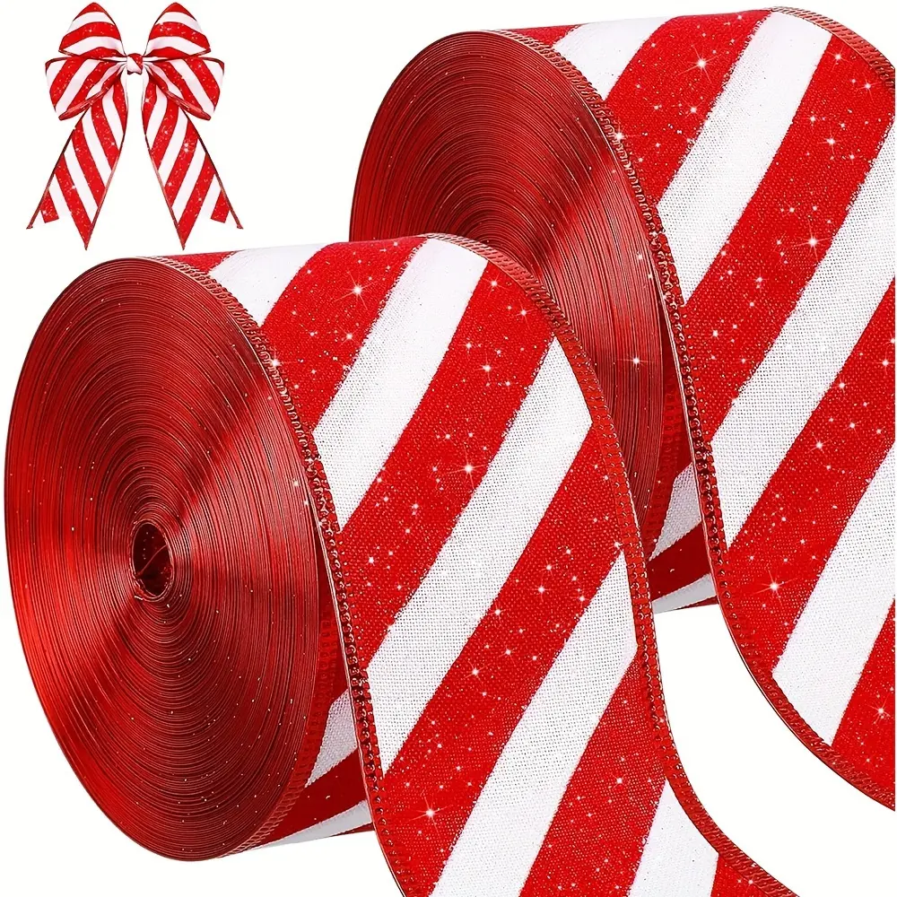Classic Style Christmas Craft Satin Ribbon Set - 2 Rolls, 2.5 Inch Sparkling Striped Ribbon with Wired Edges for Holiday Gift Wrapping and DIY Decorations, Feather-Free, Perfect for Christmas Tree and Universal Celebrations - 12 Yards