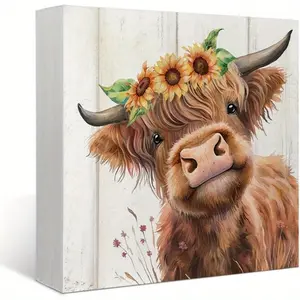 Highland Cow Decor Rustic Design Wooden Signs, Vintage Garage Signs, Western Farmhouse Cow Decorations for Home, Cow Room Decor, Highland Cow Decor for Office Living Room Bathroom Kitchen Bedroom, Highland Cow Gifts, Home Decor Products 5 x 5 Inch Signage