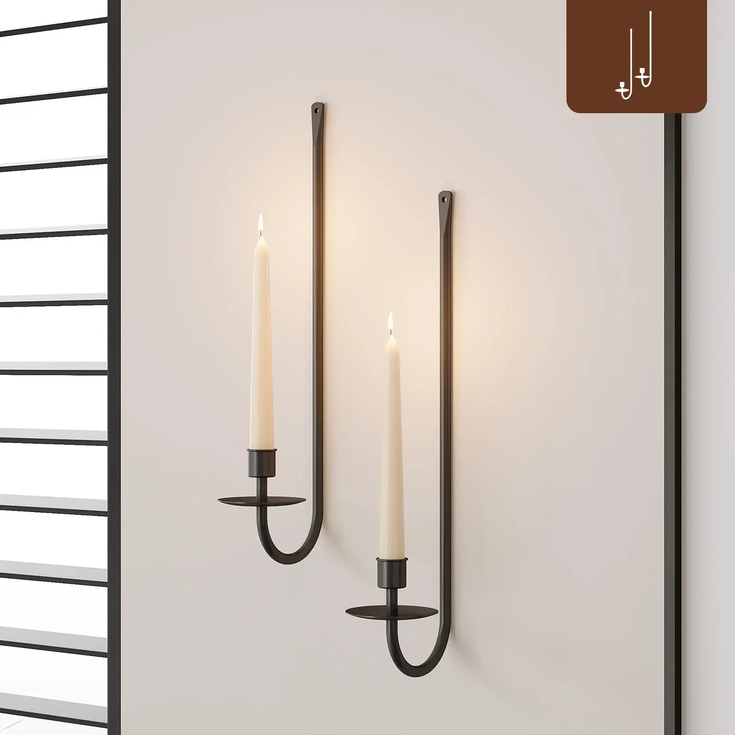 16.5x5x3" Retro Iron 2-Piece Modern Farmhouse Black Metal Wall-Mount Pillar Candle Holder Set, Decorative Hanging Sconces for Living Room, Fireplace Mantel Decoration Gift, Powder Coated