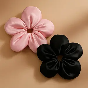 2PCS Satin Flower Scrunchies Set - Elegant Soft & Durable Hair Accessories for Daily and Party Styles in Pink and Black Hair Ties