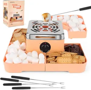 Smores Maker Tabletop Indoor Kit, Flameless Electric Marshmallow Roaster with 4 Removable Smores Trays & 4 Roasting Sticks for Chocolate, Movie Night Supplies & Kitchen Gift-Peach Color