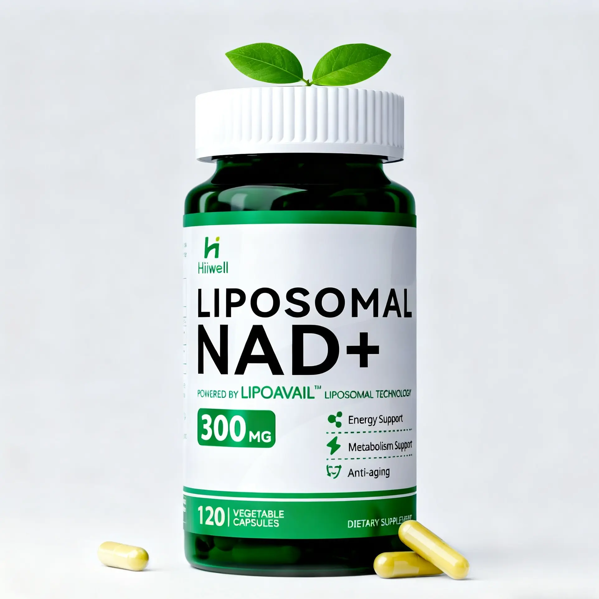 Hiiwell NAD+ Core Dietary Supplement - 300mg Vegetarian Caps, 120 Capsules, 60 Servings, Patented 9x Absorption Technology, Third-Party Tested - Advanced Anti-Aging, Cell Repair, Metabolism Support for Adults