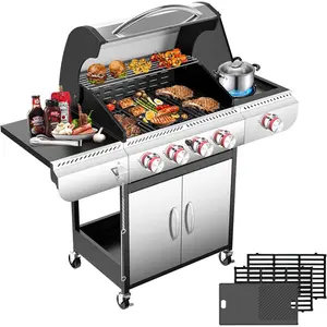R.W.FLAME 4-Burner Propane Gas Griddle Grill Combo with Porcelain-Enameled Cast Iron Grates & Griddle, 42,000 BTU,573 sq.in. BBQ Grill with Side Burner for Patio Garden Barbecue Camping, Silver