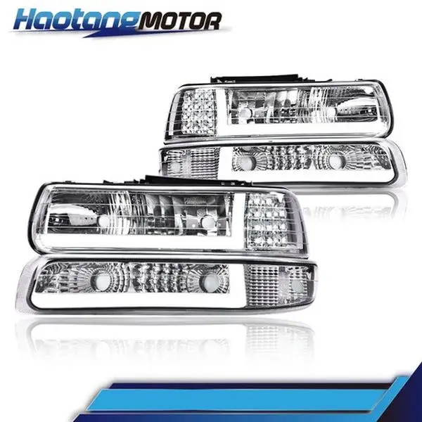 CROSSDESIGN LED Headlights with LED DRL, Chrome Headlight & Bumper Lamp Truck Lights Kit for 99-02 Chevy Silverado 1500, 2500 HD, Led Car Lights
