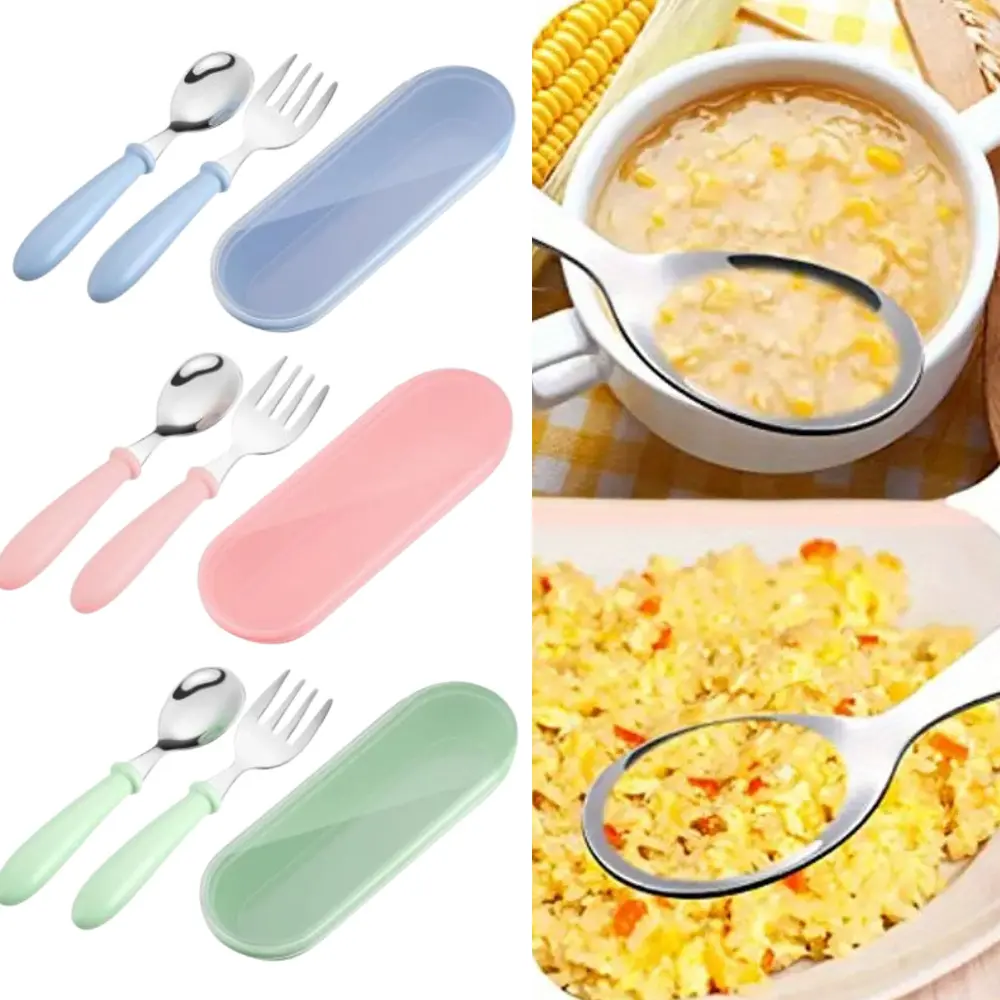 Unisex 9-Piece Beginner Stainless Steel Cutlery Set, Safe Rounded-Tip Round-Handle Forks & Spoons for School Lunch (Tools & Hardware, Hand Tools Category), Tableware Kit