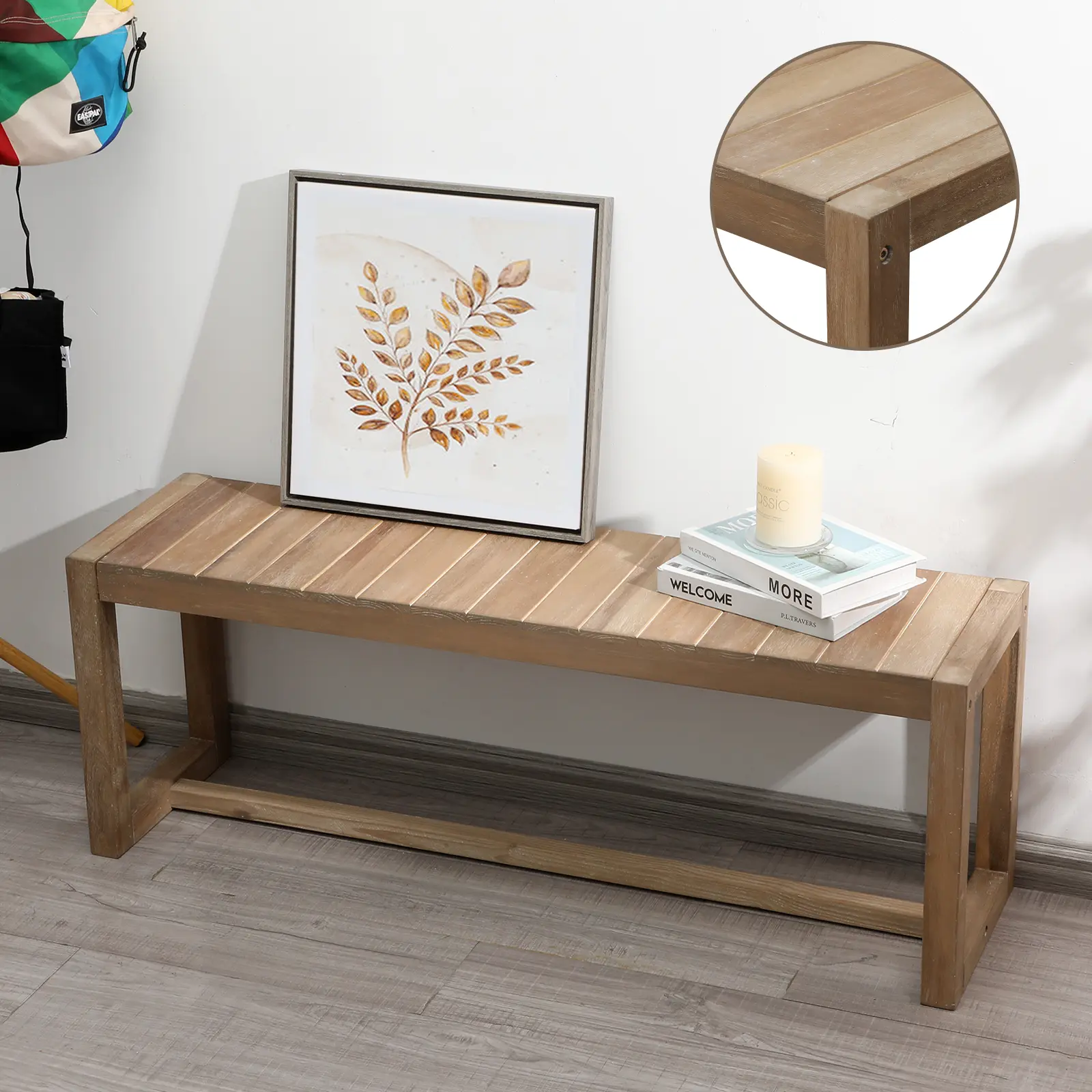PieDle Furniture Natural Farmhouse Solid Wood Bench, Line-stitched Design, Narrow Bench for Living Room, Dining, Bathroom and Outdoor Use