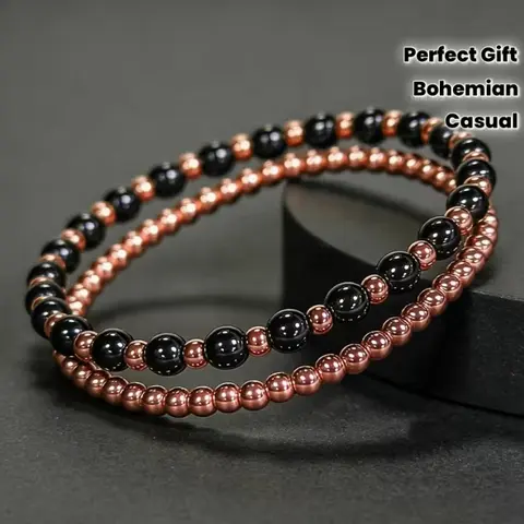 Hematite and Copper Bohemian-Style Beaded Bracelet (Set of 2) – Unisex, Perfect for Casual Wear