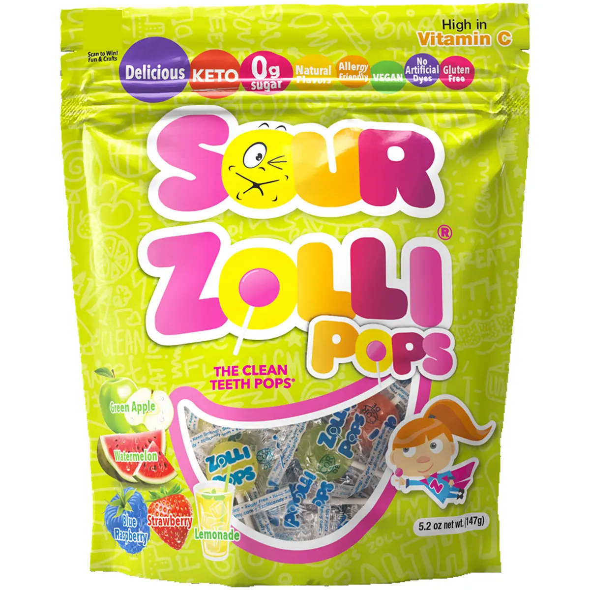 Zollipops Sour Assorted Fruit 5.2oz Pouch Delicious, Zero Sugar, Sugar Free, Vegan, KETO, Gluten Free, Allergy Friendly, No Artificial Dyes, Kosher, Clean Teeth Candy Sweet Snack