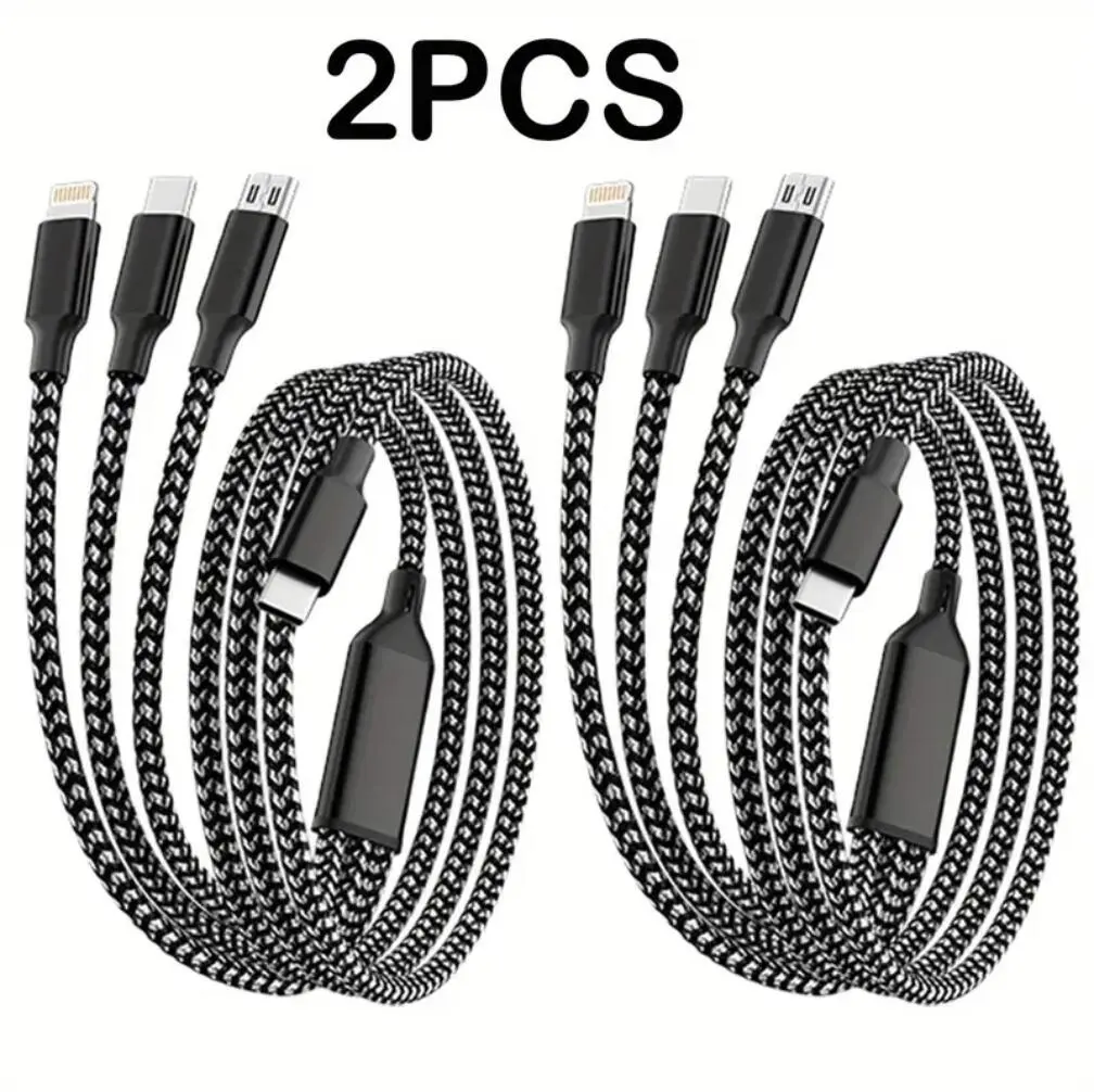 2 Pack 3 in 1 Fast Charging Cable , 4FT Nylon Braided Multi Charger Cord for iPhone USB C Micro USB Android Samsung