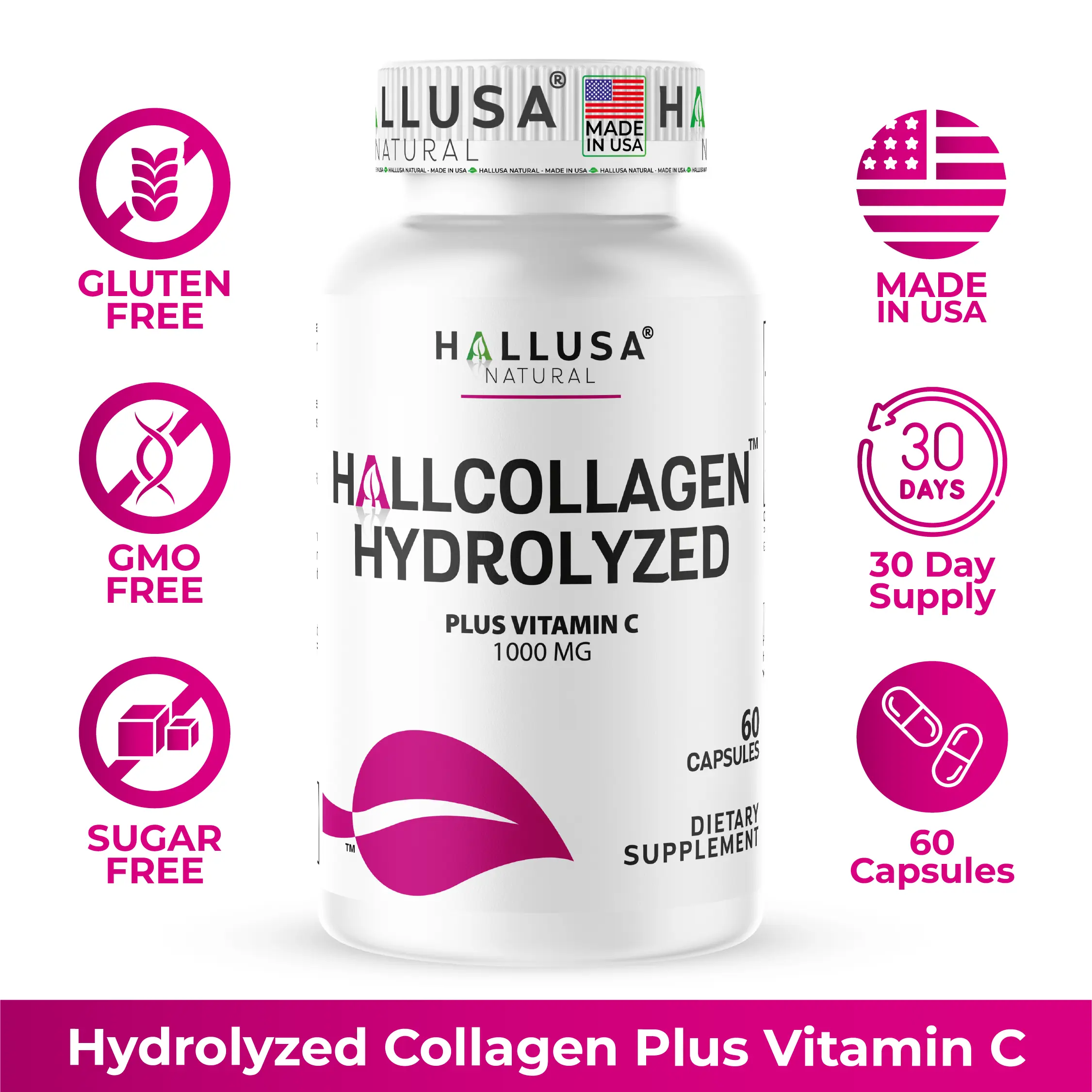 Hallusa Natural Hydrolyzed Collagen Plus Vitamin C 1000MG Dietary Capsules - 60 Count Health Supplement for Adults, Vegan, Sugar-Free, Dairy-Free Skin Care & Joint Pain Relief