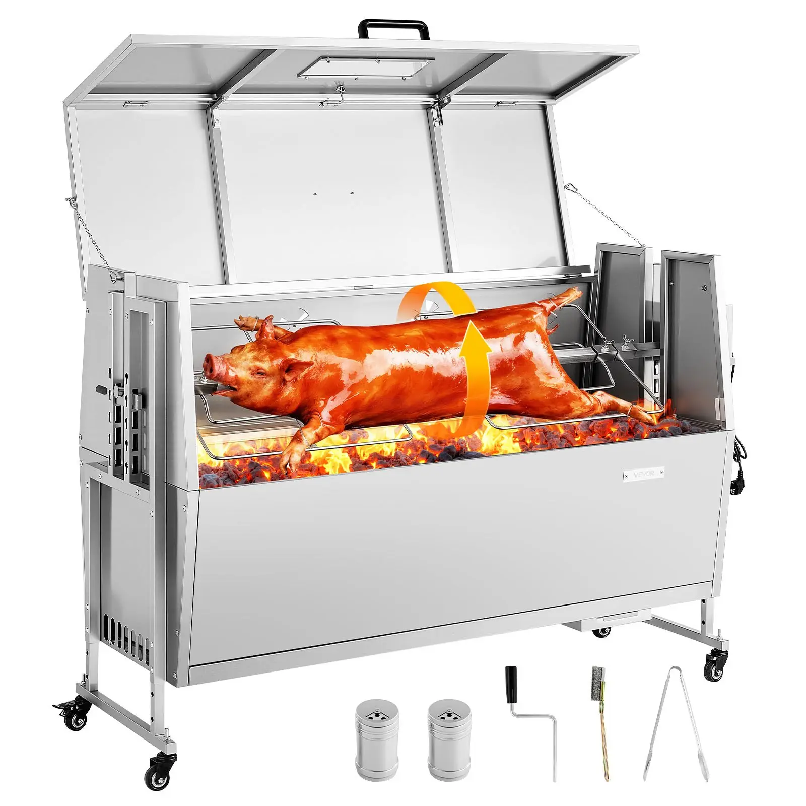 VEVOR Electric Rotisserie Charcoal Grill Kit, 38W BBQ Roasting Spit Roaster with 132 LBS Capacity, 4-Level Height Adjustment, Roll Lock Wheels, Stainless Steel Portable Charcoal Grill for Camping Outdoor, Barbecue Grill