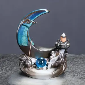 Creative Moon & Lotus Leaf Design Ceramic Incense Burner, Backflow Incense Holder without Incense, Home Fragrance Holder for Living Room Bedroom Office Decor