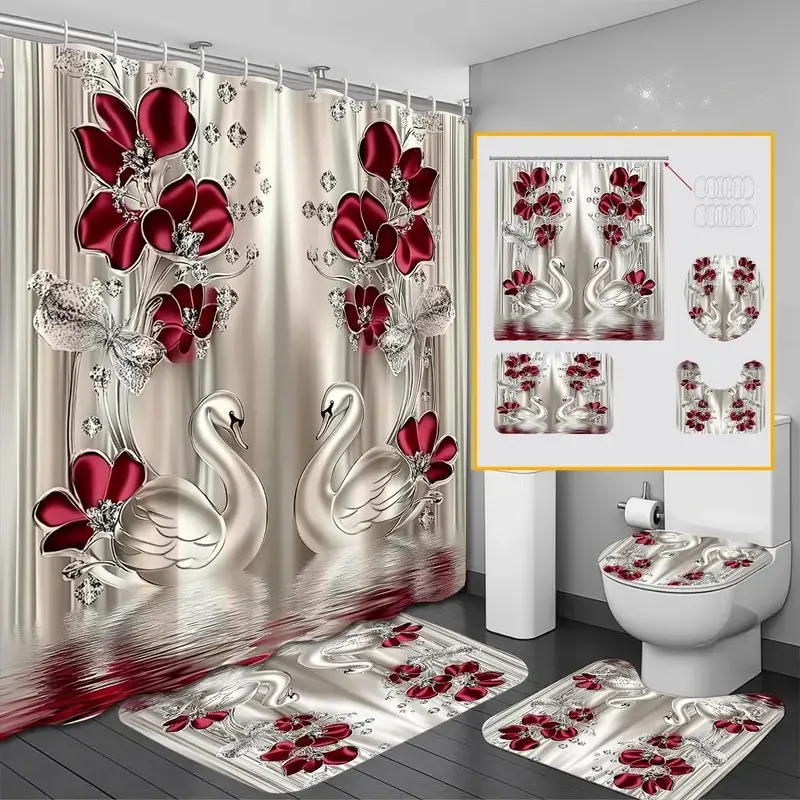 1pc/4pcs swan pattern bathroom accessories, Elegant bathroom decor, Shower Curtain Sets, non-slip floor mats, U-shaped carpets, toilet lid covers, perfect for bathroom decoration, free 12 shower curtain hooks
