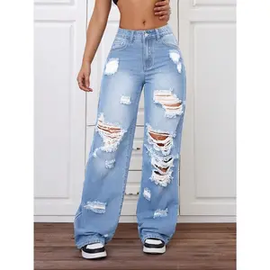 Fashionable Wide-Leg Distressed Washed Jeans