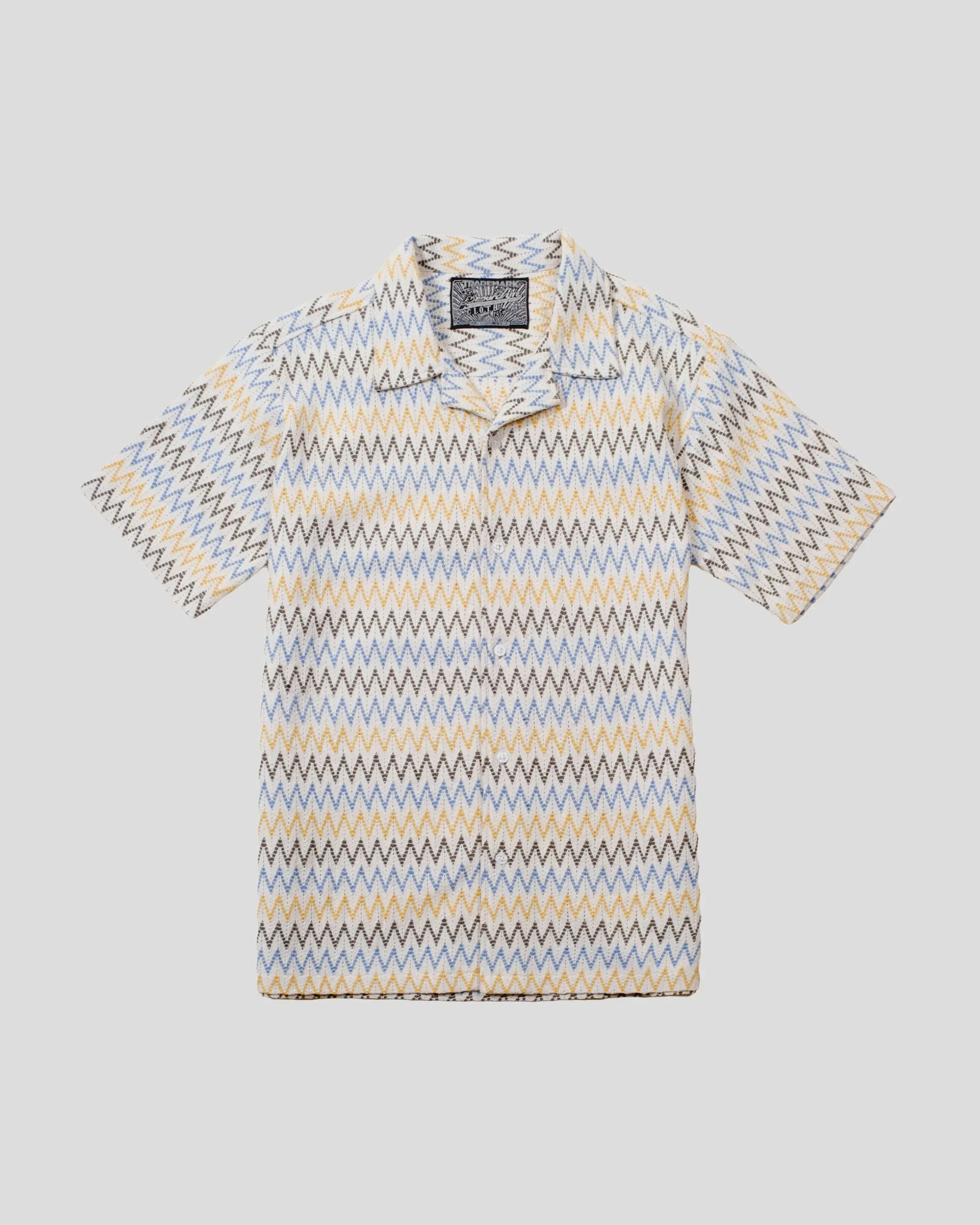 Brooklyn Cloth Zig Zag Knit Camp Collar Shirt, Lightweight Retro Pattern Resort Collar Button Up, Short Sleeve Relaxed Fit, Aqua Gray/Sand, Small to Large