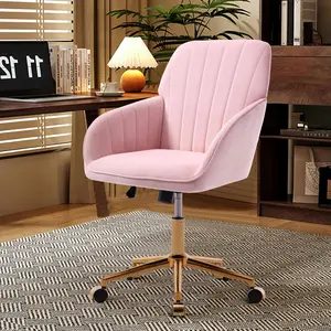 Pink Velvet Desk Chair for Home Office, Modern Adjustable Computer Task Chair Swivel Chair Cute Vanity Chairs with Arm Rest for Bedroom Living Room Make-up Room (Baby Pink Gold)