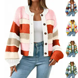 Naeduo Womens Striped Chunky Cardigan Sweaters Button Up Color Block Long Sleeve Casual Knit Sweater Coats Loose Fit TikTokShopBlackFriday