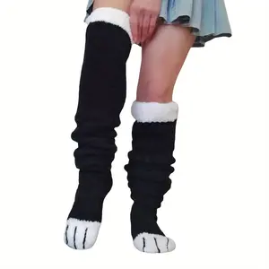 Women's Knee-High Acrylic Fabric Slipper Socks - Cozy, Thick, Fluffy Fleece, Solid Black, Cute Animal Paw Design, Lady-Fit, Comfortable Leg Coverage, Machine Washable, BD466057