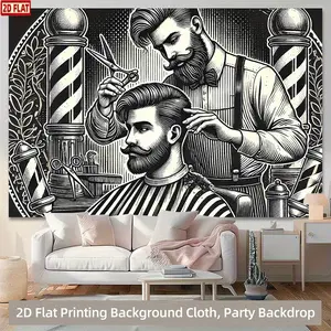 2D Flat, 1pc Barber Shop Vintage Black and White Wall Art - Printing Polyester Backdrop with Bearded Barber and Stylish Haircut Scene, Ideal for Home, Office, or Party Decor, No Electricity Needed, Barber Acces, Flat Printing Background Cloth