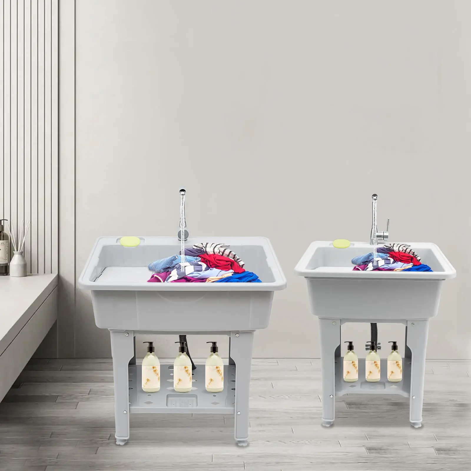 Sturdy Modern Adjustable PP-Alloy-Stainless Steel Freestanding Wash Basin/Sink (65*55*80cm, 200kg/441 lbs Capacity) - Floor-Mounted, Anti-slip Hollow Soap Slots, Water-retaining Edge, Single Hole Faucet, 1*Washboard Included for Laundry Rooms, Gardens