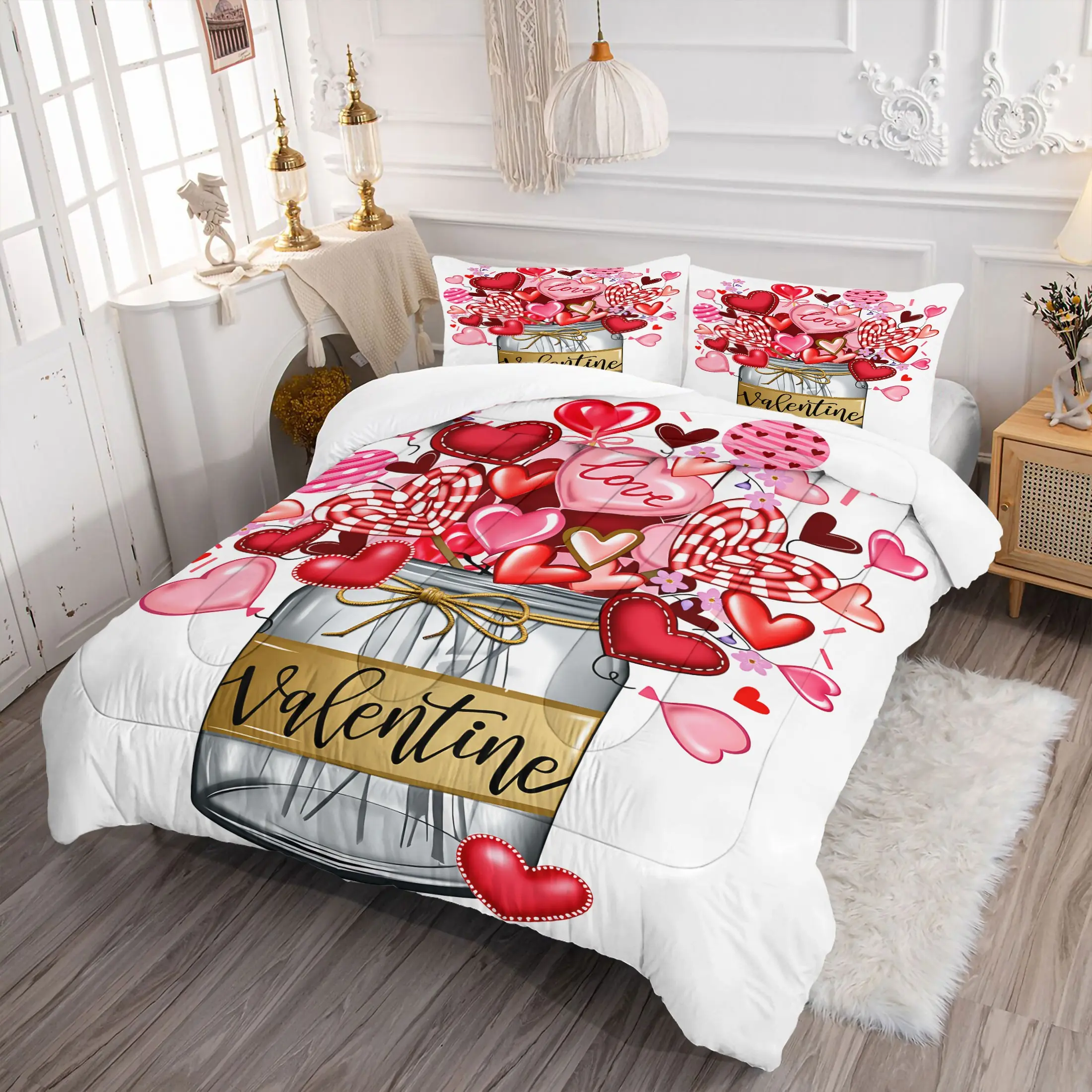 Valentine's Day Vibrant Heart Print Comforter Set, 2/3 Piece Romantic Love Bedding Set with Pillowcases, Soft Microfiber Quilt for Bedroom Decor, Perfect Gift for Couples