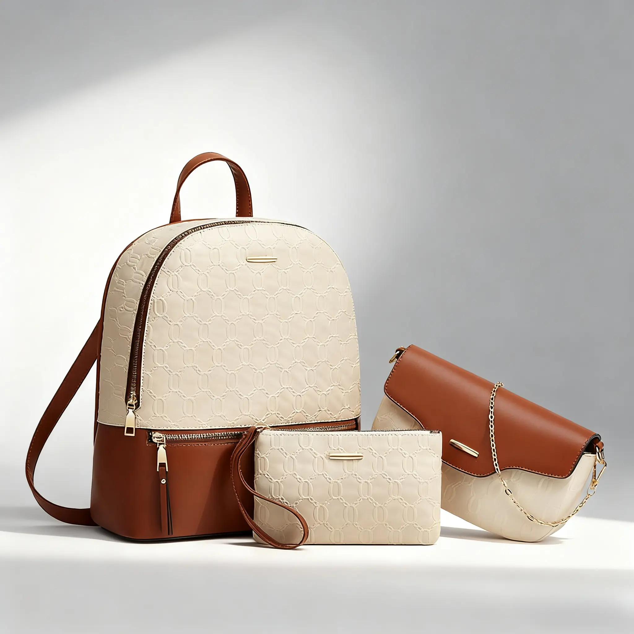 Women's 3-Piece Backpack Set, Casual PU Leather Purse with Modern Detailing and Roomy Interior, Includes Crossbody & Wallet for Work & Travel, Lightweight, 3-Piece Set, 1 Backpack, 1 Crossbody/Clutch