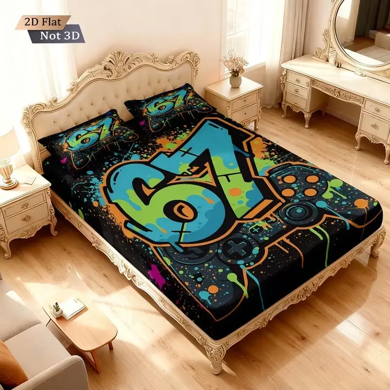 3-piece gaming style game controller bed sheet set (1 bed sheet+2 pillowcases, no core), Comfy bedding set, gaming style bedding set, soft and breathable