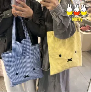 Kawaii Miffyi Rabbit Checkered  Tote Bag | Cartoon Zipper Bag | Polyester Cotton Lining Summer Versatile Commuting Single-shoulder Bag