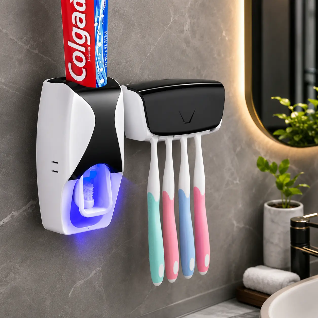 Wall Mounted Toothpaste Dispenser & Toothbrush Holder Set | Automatic Toothpaste Squeezer Bathroom Organizer for Kids & Family, Black Toothbrush Storage Toothbrush Protector Bathroom Accessory