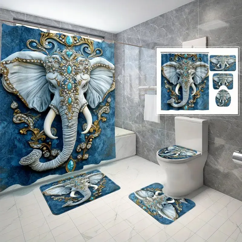 4pcs elegant blue elephant face, exquisite shower curtain set, non-slip floor mat, U-shaped carpet, toilet lid cover, perfect for bathroom decoration, partition, beautify the space, free 12 shower curtain hooks, Bathroom Decoration Accessories