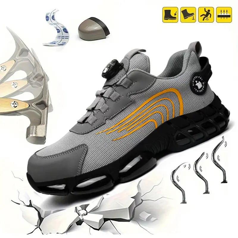 Men's Steel Toe Sneakers, Striped Breathable Mesh Work Safety Shoes with Anti-Slip Sole and Puncture Protection, Footwear